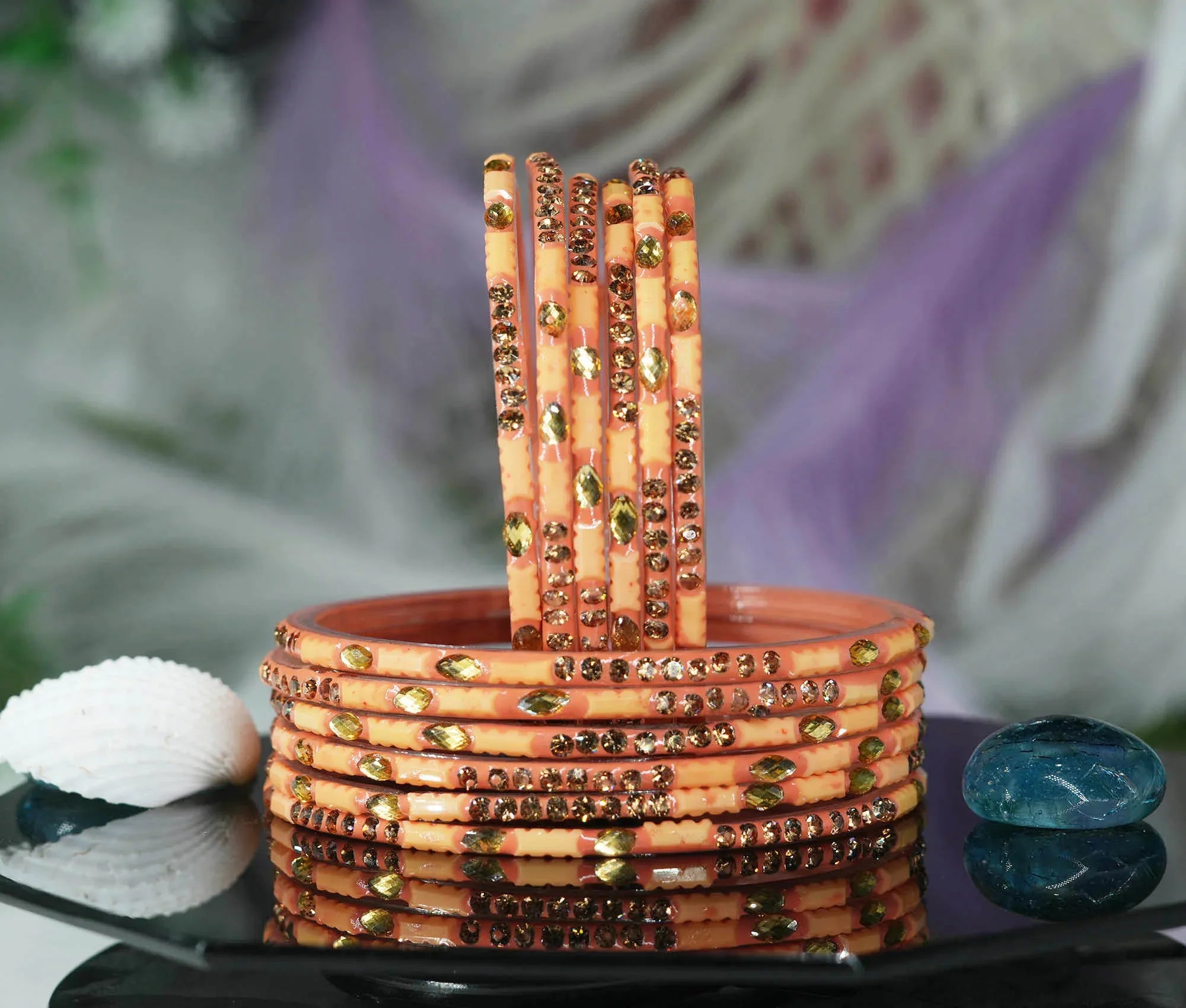 Multiple Color Glass Bangle with Stone Beads Work for Women & Girls (Pack 12 Bangles) - The Golden Cascade